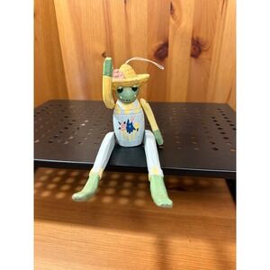 Wooden Frog Shelf Sitter Dangling Legs Sombrero Folk Art Figurine 8" Painted